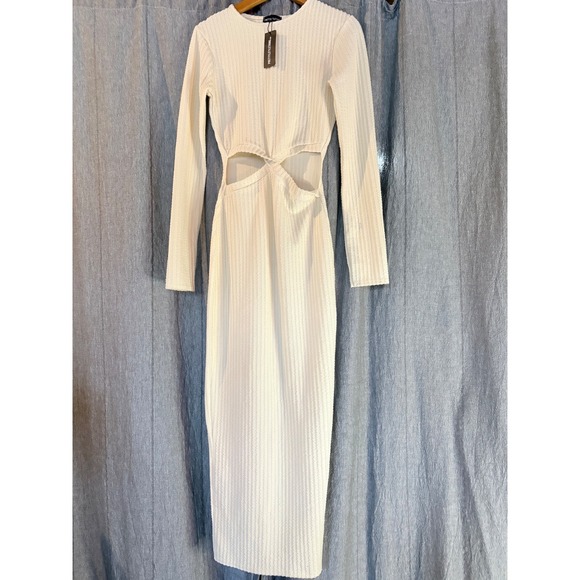 PRETTYLITTLETHING White Ribbed Cutout Long Sleeve Midi Dress Size 0 - Picture 2 of 8